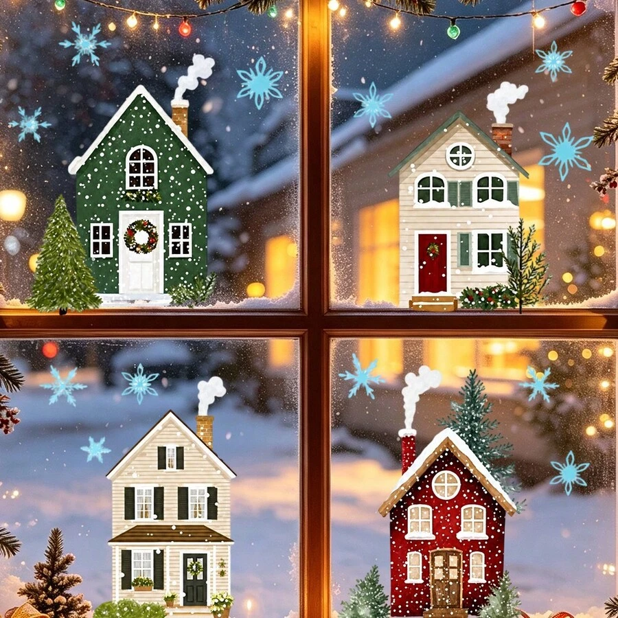 4pcs/Set Christmas Window Clings Winter Village Static Glass Stickers Reusable Double Sided Christmas Cottage Snowflake Decals For Holiday Party Home Office Decor Xmas Glass Stickers