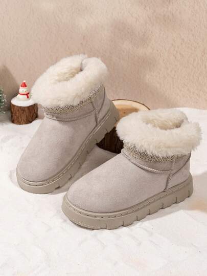 Children's Girls' Fashionable Cute Fur Collar Patchwork Pattern Outdoor Snow Boots Long Boots, Warm And Comfortable New Style