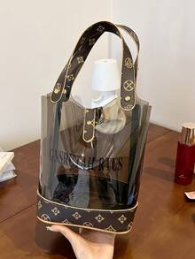 Women's Vintage Luxury Floral Patchwork Transparent Jelly Bucket Handbag, Waterproof Makeup Tool Storage Toiletry Bag, With Gold Hardware Rivets, Can Hold Cosmetics, Phone, Powder, Lipstick, Keys And Other Small Personal Items, Suitable For Shopping, Travel, Vacation, Beach - Coffee - View 5