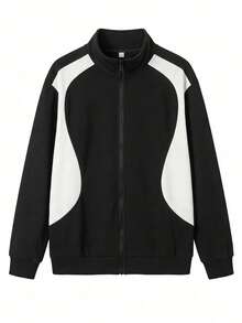Women's Color Block Zip Up Sweatshirt Jacket, Black & White Contrast Track Jacket, Casual Winter Clothes For Women - Black - View 5