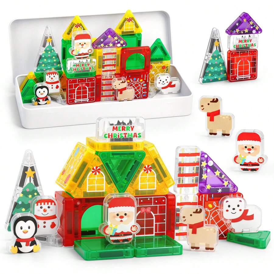 Christmas Themed Magnetic Building Blocks Set, DIY Magnetic Blocks Construction Toy, Educational Building Toy, Travel Magnetic Blocks, Structural Cognition, Learning Assembly/Construction/Building, Cultivating Creativity And Spatial Thinking, Parent-Child Interaction Makes Games More Interesting And Interactive, Suitable For Boys And Girls 3 Years And Older As Birthday Gifts, Learning Gifts, Christmas Gifts, New Year Gifts, Valentine's Day Children's Gifts, Valentine's Day Decorations - Multicolor - View 1