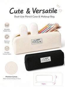 Minimalist Pure Black Canvas Pencil Case, Cute Cartoon Label Pencil Pouch, Large Capacity Stationery Storage Bag, Simple Portable Makeup Bag, Student Aesthetic Stationery, Daily Back To School Gift - Multicolor - View 6