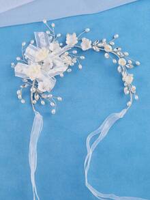 KOVLYNE 1pc Elegant White Floral Bridal Hair Accessory With Bow, Rhinestones And Faux Pearls, Suitable For Bride, Bridesmaid, Prom And Formal Occasions - Silver - View 4