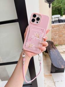 1pc Convenient Pink Leather Texture Cowhide Short Lanyard Phone Case, Easy Card Slot/Card Holder TPU Shockproof Protective Shell Compatible With Apple 11/12/13/14/15/16/17 Pro Max - Multicolor - View 3