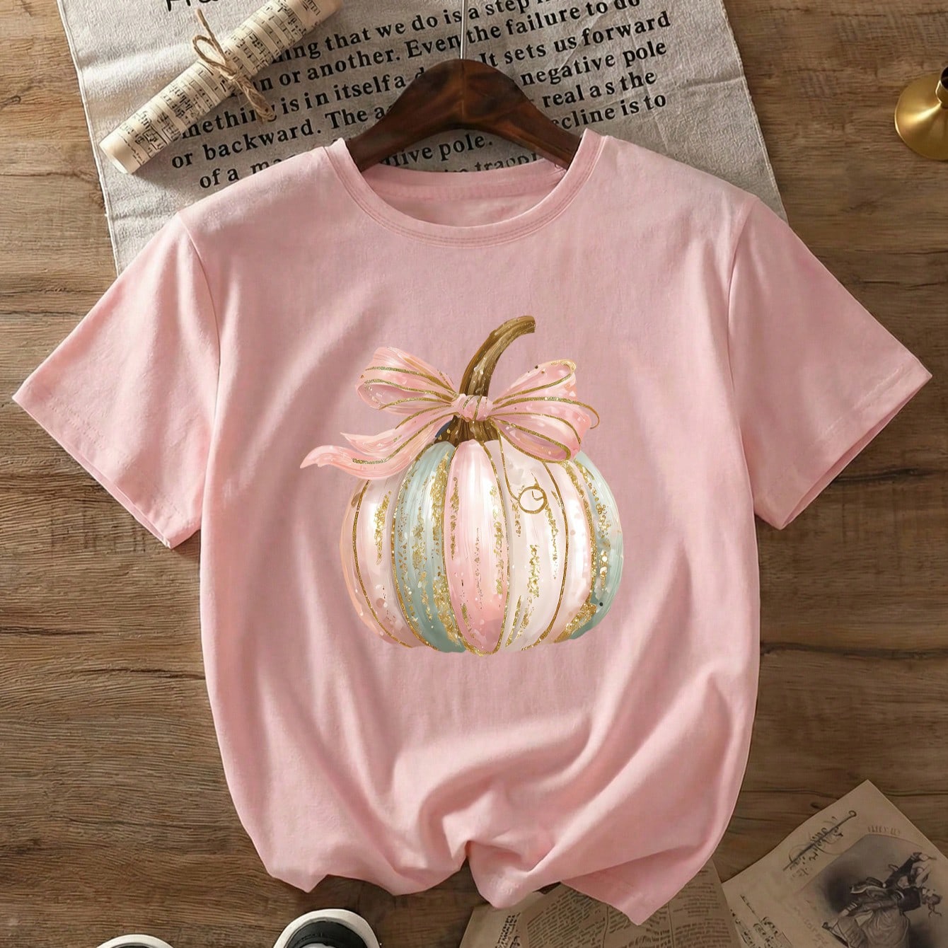 Women's Plus Size Casual Short Sleeve T-Shirt, Cartoon Pumpkin Print, Lightweight Top, Pink Summer Style, Christmas Outfit