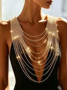 Women's Luxury Crystal Multi-Layer Tassel Back Chain Necklace, Bridal Backless Body Chain, Wedding Party Dress Accessory - Gold - View 2