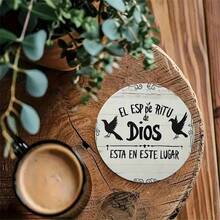 6pcs Round Wooden Coasters "The Spirit Of God Is Here" Spanish Religious Design With Dove Pattern, 4 Inch Heat Resistant Non-Slip Beverage Mats, Suitable For Office, Coffee Table Or Holiday Gift - Multicolor - View 8