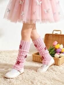 1 Pair Girls' Bright Pink Knitted All-Season Leg Warmers With Sequin Star Decor, Fashionable Spring/Autumn Leg Covers - Pink - View 6
