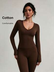 XLLAIS Women's Pure Cotton T-Shirt, Sexy V-Neck, Elastic Fabric, Brown Casual Long Sleeve Top For Autumn/Winter - Brown - View 5