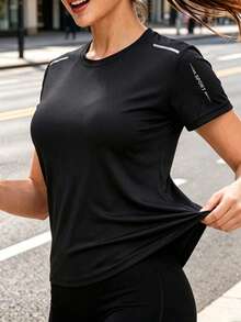 女款運動跑步短袖簡單彈性透氣T恤黑色 - 黑色 - 查看 2