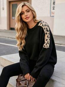 Women's Beige & Black Leopard Print Raglan Sleeve Crew Neck Cozy Thermal Pullover For Fall Winter Casual Comfort Essential, Back To School - Black - View 5