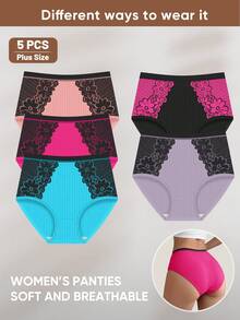 5pcs Women Plus Size Lingerie, Lace Trim Jacquard Pattern, Soft And Breathable - Multicolor - View 5