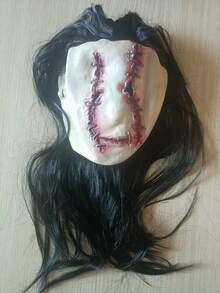1pc Horror Stitched Face Ghost Mask With Long Black Hair, Female Ghost Cosplay Mask, Halloween Party Haunted House Costume Prop - Multicolor - View 9