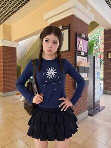 Y2K Women's Autumn/Winter New 1pc Petite Personalized Sun Print Pattern Casual Versatile Street Slim Fit Flattering Long Sleeve T-Shirt Top - Dark Blue - View 5