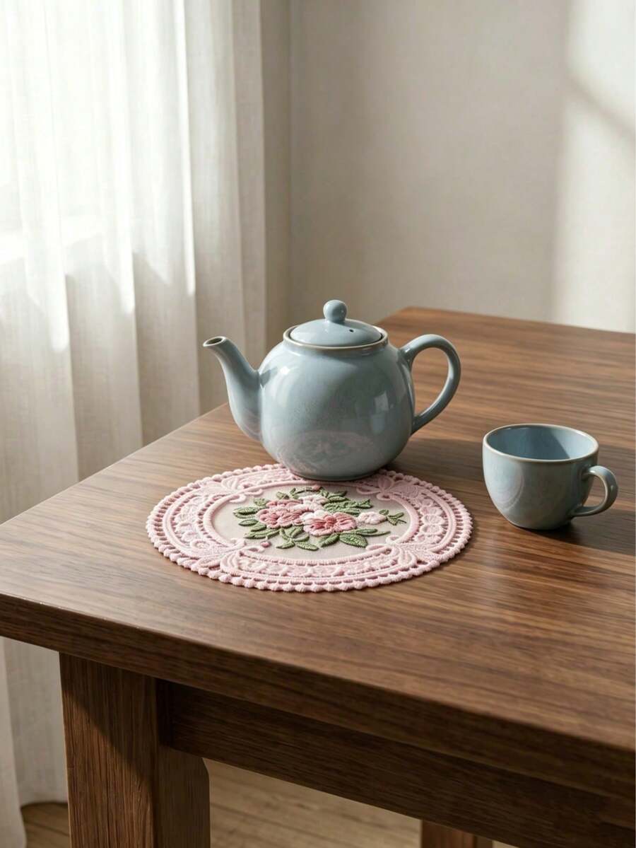1/3pcs Vintage Floral Embroidered Crochet Lace Coasters, Round Heat-Resistant Placemats, Handmade Cotton Table Mats, Pink/Beige, Suitable For Coffee Cups And Tea Cups, Home Decor, Kitchen And Dining Room, Country Vintage Style Tableware Accessories - Multicolor - View 1