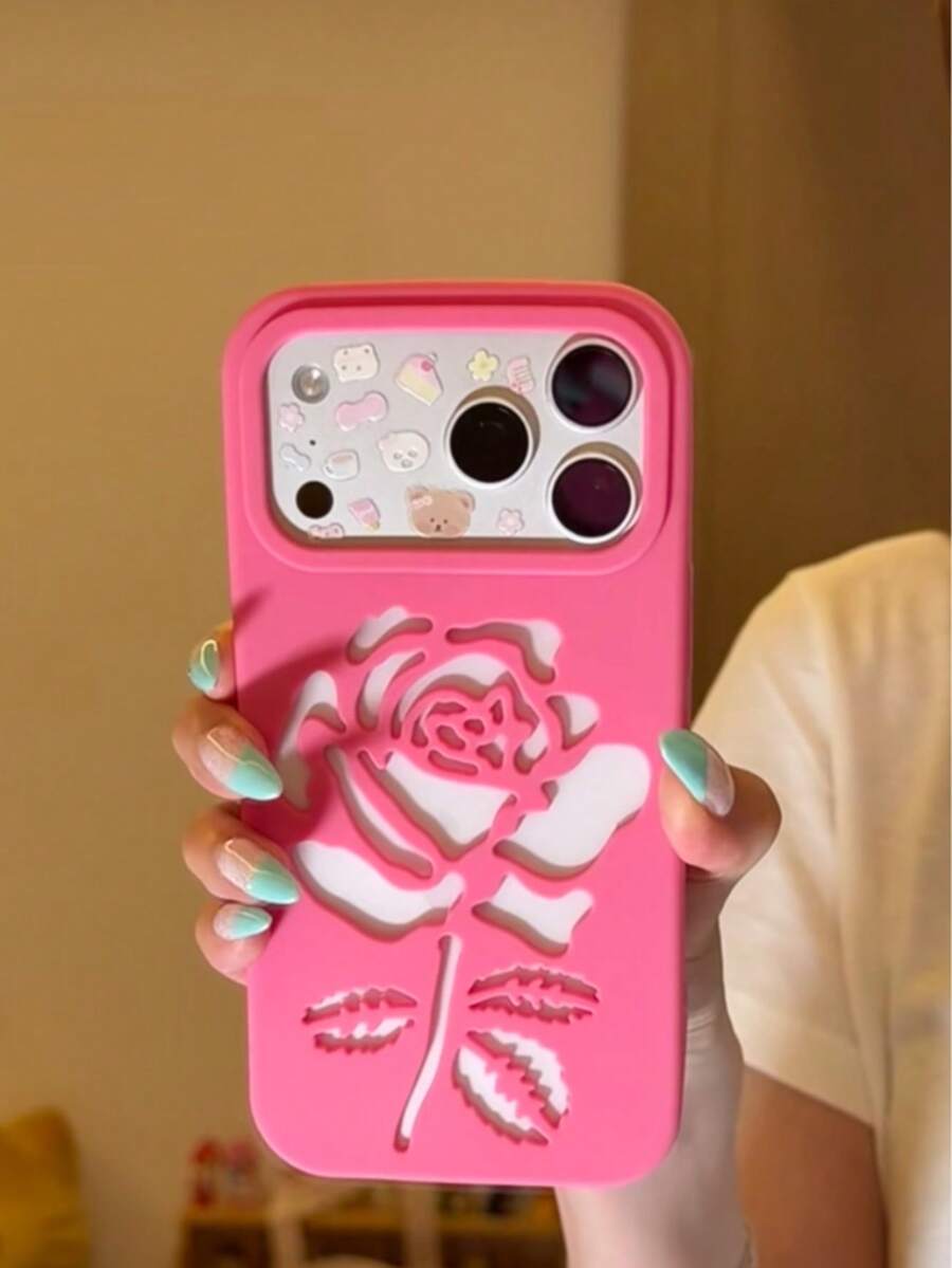 Ins Vintage Rose Pink Hollow Rose Flower 17 Pro Max Phone Case New Apple 16 Pro Protective Cover 15 Girl 16 Pro Max - Hot Pink - View 1