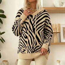 Plus Size Animal Print Hooded Knit Dress, Loose Long Sleeve Drawstring Pullover Top, Women's Winter Outdoor Vacation Outfit - Khaki - View 3