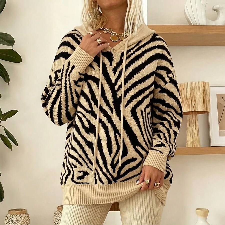 Plus Size Animal Print Hooded Knit Dress, Loose Long Sleeve Drawstring Pullover Top, Women's Winter Outdoor Vacation Outfit - Khaki - View 1