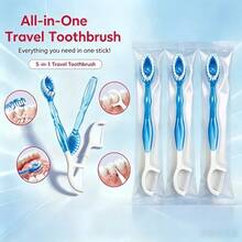 Portable Disposable Mini Travel Toothbrush, 5-In-1 Pre-Coated Toothpaste Mini Brush + Floss + Toothpick + Tongue Scraper, Travel-Ready Pre-Coated Toothpaste Toothbrush, Suitable For Travel, Work And Daily Use, Compact Design - Blue Mint Flavor - View 2