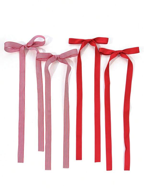 2pcs Fresh Preppy Style Long Ribbon Bow Hair Clips, Striped & Solid Color Satin Ribbon Design, Suitable For Back To School Season Daily Outfits, Girly Aesthetic Hair Accessories