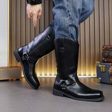 Men's Buckle Western Mid-Calf Riding Boots, Men's Boots, Vintage Work Boots, Outdoor Daily Commute Men's Casual Boots - Black - View 7