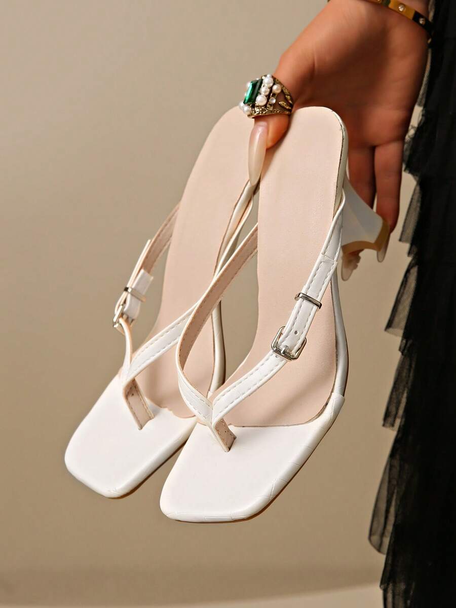 女款方頭夾腳高跟涼鞋,夏季新款後扣帶夾腳拖鞋,優雅細帶戶外穿著 - 白色 - 查看 1