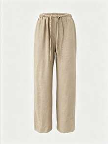 Women's Summer Apricot Wide Leg Pants, Elastic Waist Drawstring Loose Casual Pants, Lightweight Breathable Slouchy Long Pants - Khaki - View 2