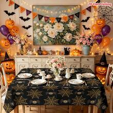 1/2pcs Halloween Tablecloth, Halloween Theme Orange Spider Web Pattern Polyester Tablecloth Suitable For Dining Table, Restaurant, Coffee Table, Kitchen, Picnic, Camping, Country Farmhouse Decor, Holiday Tabletop Arrangement - Multicolor - View 2
