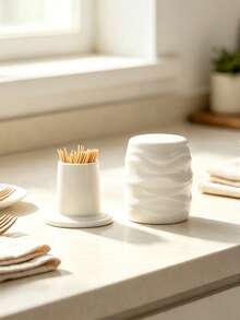 White Ceramic Toothpick Holder, Wavy Pattern Toothpick Box With Lid, Household Kitchen Dining Table Dust-Proof Toothpick Storage Can, Toothpick Dispenser, Dental Floss Storage Can - View 4