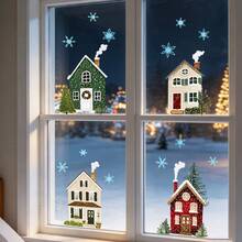 4pcs/Set Christmas Window Clings Winter Village Static Glass Stickers Reusable Double Sided Christmas Cottage Snowflake Decals For Holiday Party Home Office Decor Xmas Glass Stickers - Multicolor - View 4