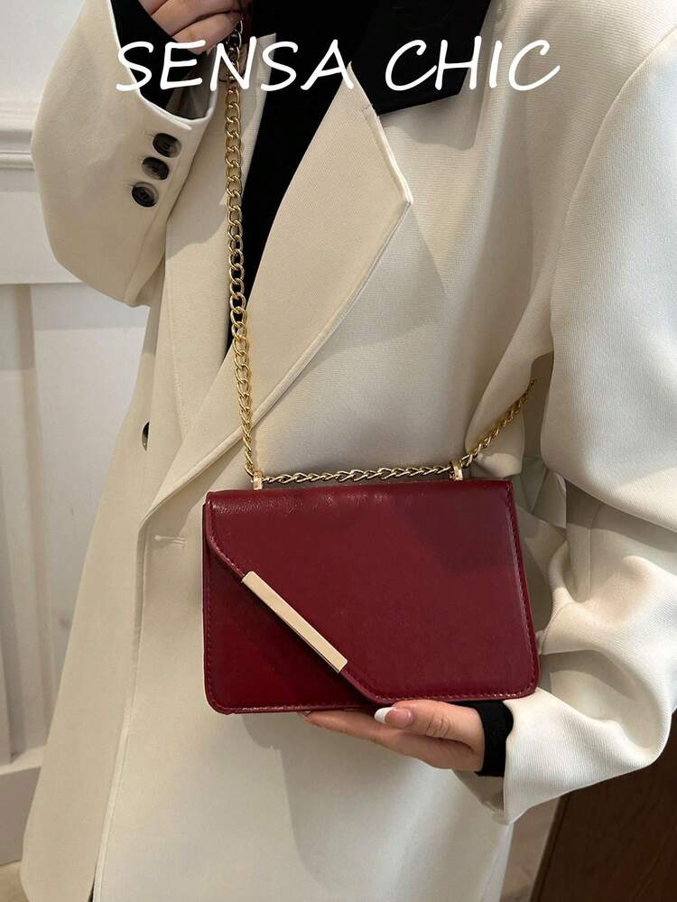 Red Diagonal Metal Bar Lock Thick Chain Strap Decorative Phone Lipstick Cosmetic Small Item Storage Flap Snap Closure Minimalist High-End Horizontal Small Square Bag Commute Date Evening Party Daily Outfit Chain Shoulder Crossbody Dual Use Luxury Elegant Versatile Tofu Block Small Bag - Red - View 5