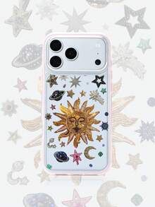 1pc Pink Frame Transparent Minimalist Lens Protection Anti-Fall Anti-Collision Gold Bead Embroidery Sun Pattern Phone Case Personalized Suitable For IPhone 16 Pro Max Phone Case 17/16/15/14/13/12/11 Protective Case Air Suitable For Samsung Series - Multicolor - View 1