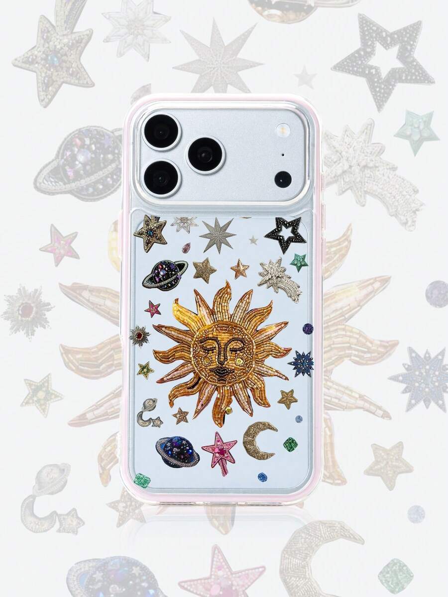 1pc Pink Frame Transparent Minimalist Lens Protection Anti-Fall Anti-Collision Gold Bead Embroidery Sun Pattern Phone Case Personalized Suitable For IPhone 16 Pro Max Phone Case 17/16/15/14/13/12/11 Protective Case Air Suitable For Samsung Series - Multicolor - View 1