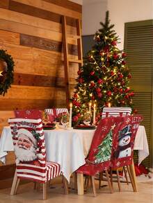 6pcs Dokriy Polyester Christmas Chair Covers - Elastic Stretch Closure, Red And Striped, With Snowman, Tree, Santa Claus, Let It Snow Design, Machine Washable, Suitable For Dining Room, Kitchen, Home Party Decoration, Christmas Chair Covers - A - View 5