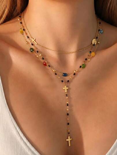 VceTd Juego de 3 Collares Estilo Bohemio de Vacaciones con Cuentas Aleatorias/Colgante Redondo en Forma de Cruz Decoración de Acero Inoxidable para Mujer Adecuado para Uso Diario de Mujer o Uso de Vacaciones o Regalo de Festividades