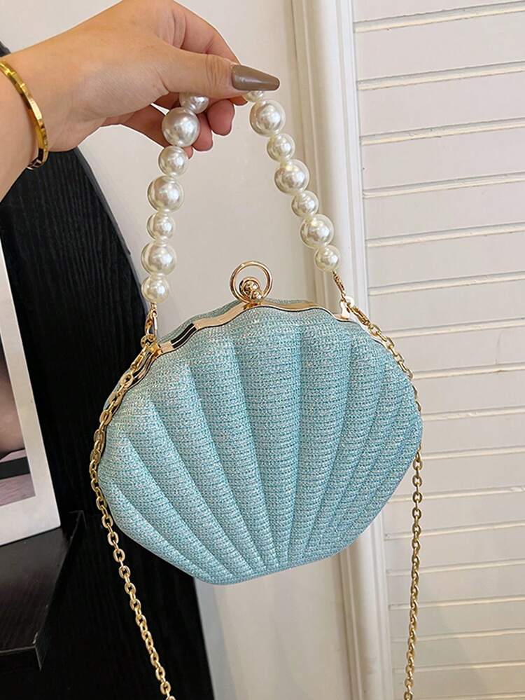 Mermaid Glitter Shell Evening Clutch, Scallop Hard Frame Bag, Pearl Handle With Detachable Chain, Women's Shiny Handbag, Suitable For Banquets And Party Events - Blue - View 5