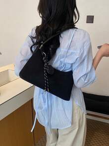 女款純色可拆式肩帶拉鍊休閒通勤單肩包，秋冬風格（不含吊飾） - 黑色 - 查看 4