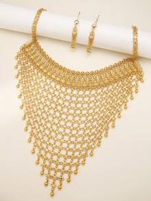 Dubai Luxury Gold Plated Hollow Floral Mesh Tassel Necklace Dangle Earrings Arabian Bridal Wedding Statement Jewelry Set For Women Party Banquet Gifts - Yellow Gold - View 9