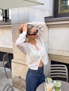 Women's White 3D Lace Cardigan | Sheer V-Neck Open Front Knit Shirt | Elegant Summer Parties & Wedding Cover Up For Daily Chic - White - View 4