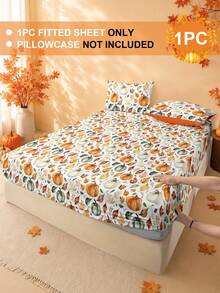 1pc Halloween Thanksgiving Leaf Pumpkin Print Fitted Sheet (Fitted Sheet Only), Machine Washable Durable Fitted Sheet, Autumn Holiday Bedroom Decor, Suitable For King/Queen/Full/Twin Size, Applicable For Home, Dorm, Apartment, Guest Room, Rental And Gift - Multicolor - View 3