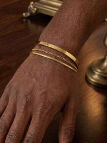 3pcs/Set Stainless Steel 18K Gold Plated C-Shape Adjustable Bracelet Chain Bangle Set, Fashionable For Men Daily Wear - Gold - View 2
