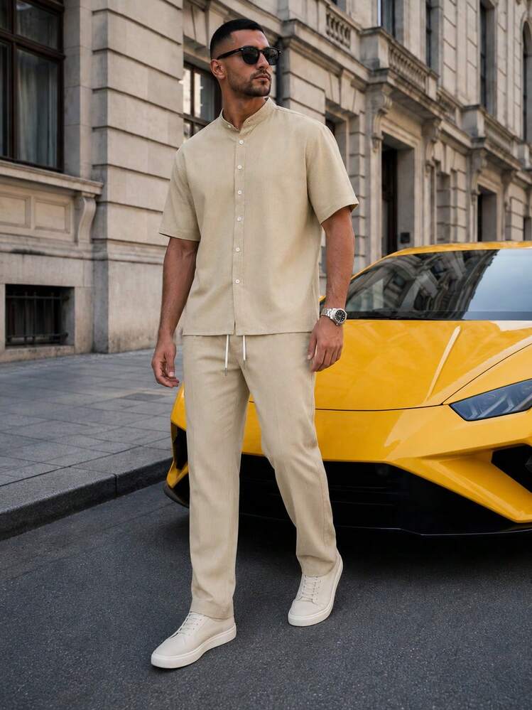 Men's 2-Piece Outfit, Chinese Collar Short Sleeve Button-Down Shirt And Drawstring Waist Straight Leg Pants, Casual Matching Set, Suitable For Spring, Summer And Autumn Wear - Apricot - View 3