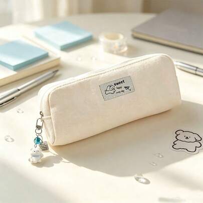 Minimalist Pure Black Canvas Pencil Case, Cute Cartoon Label Pencil Pouch, Large Capacity Stationery Storage Bag, Simple Portable Makeup Bag, Student Aesthetic Stationery, Daily Back To School Gift