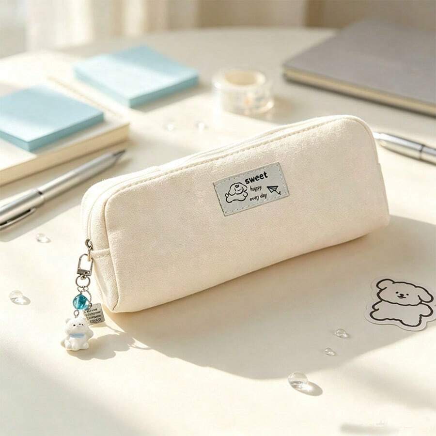 Minimalist Pure Black Canvas Pencil Case, Cute Cartoon Label Pencil Pouch, Large Capacity Stationery Storage Bag, Simple Portable Makeup Bag, Student Aesthetic Stationery, Daily Back To School Gift - Multicolor - View 1