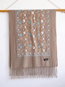 1件女款秋冬仿羊絨刺繡圍巾，加厚保暖流蘇刺繡波希米亞風旅行披肩斗篷 - 棕色 - 查看 2