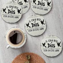 6pcs Round Wooden Coasters "The Spirit Of God Is Here" Spanish Religious Design With Dove Pattern, 4 Inch Heat Resistant Non-Slip Beverage Mats, Suitable For Office, Coffee Table Or Holiday Gift - Multicolor - View 7