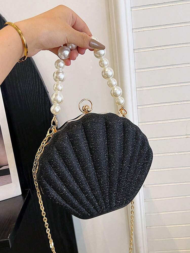 Mermaid Sequin Shell Evening Clutch, Scallop Hard Frame Bag, Pearl Handle Detachable Chain, Women's Shiny Handbag, Suitable For Banquets And Party Events - Black - View 5