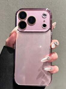 Luxury Electroplated Glossy Phone Case, Compatible With IPhone 17 Pro Max 16 15 14 13 12 11 Pro Max, Minimalist Solid Color Glass Lens Protection, Shockproof Hard Shell Back Cover - Pink - View 3