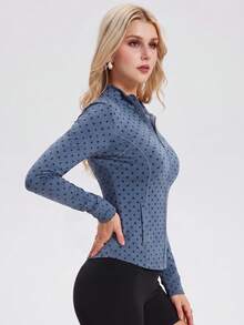 KyrLssu Women's Polka Dot Zipper Stand Collar Long Sleeve Slim Fit Pocket Jacket - Blue - View 3