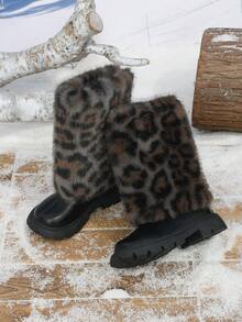 1 Pair Autumn/Winter New Random Leopard Print Decor Round Toe Mid-Calf Girls Boots, Fashion Casual Girls Snow Boots, Comfortable Warm Lining, Back Zipper Design, Suitable For School, Party, Performance, Walking And Other Occasions - Black - View 5